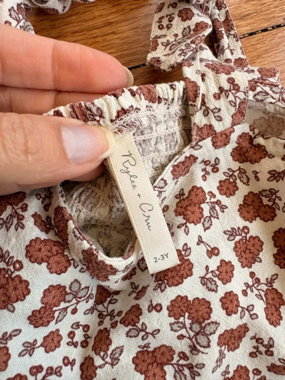 Rylee + Cru Cream Dress with Brown Floral Print and Tie Shoulders Size 2T - 3T
